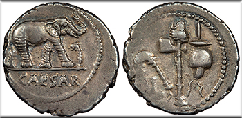 Featured Ancient Coin:    Julius Caesar 49-48 B.C. Denarius