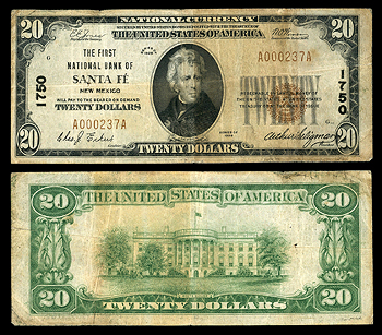 Featured Currency: National Bank of Sante Fe; Charter 1750 Sante Fe, NM Territory 1929 20 Dollars VF