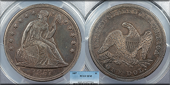 Featured U.S. Coin: 1857  Seated Liberty 1 Dollar (Silver) OC-1, Die State a/b; High R.5 PCGS EF-45