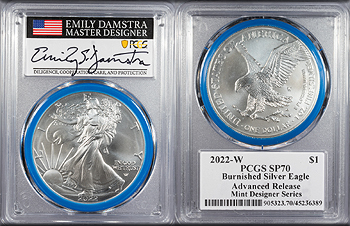Featured U.S. Coin: 2022 W Burnished Silver Eagle 1 Dollar (Silver) Advanced Release; Mint Designer Series PCGS SP-70
