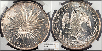 Featured World Coin: MEXICO    1892-Zs FZ 8 Reales