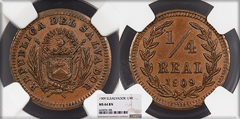 Featured World Coin: EL SALVADOR    1909 1/4 Real
