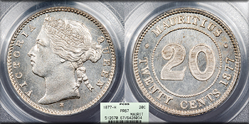 Featured World Coin: MAURITIUS Victoria   1877-H 20 Cents